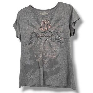 JimmyZ‎ Y2K Graphic Tee Heart Wings Embellished Gray T-Shirt X-Large